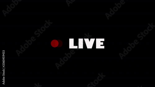 Animated broadcast indicator with glowing status light and media label on dark background for interface design