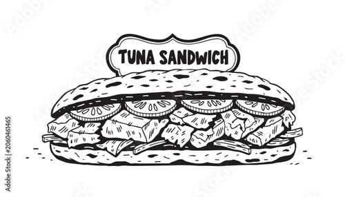Fotografie Very beautiful black-and-white engraved vector illustration featuring TUNA SANDWICH with flaky tuna filling, fresh vegetables, artisan bread, and decorative label reading TUNA SANDWICH