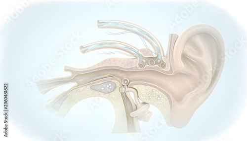 Medical diagram of human ear anatomy structure, showing cross-section illustration of the outer ear, auditory canal, and inner ear mechanism on a soft blue background.