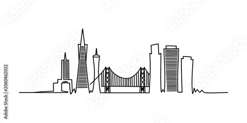 San francisco city skyline continuous line drawing with the golden gate bridge and tall modern skyscrapers in a simple artistic black and white style Vector, illustration