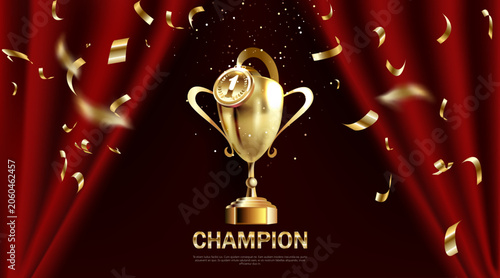 Realistic golden champion cup with circle podium. Isolated trophy winner gold cup. Award design. Stock Vector