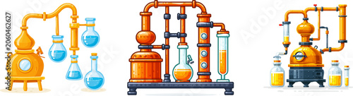 A traditional copper alembic distillation apparatus with curved tubes and glass flasks is depicted in warm metallic colors, isolated on a solid white background, showcasing clean lines for scientific