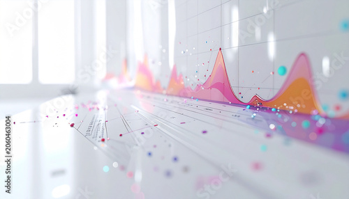 Data Visualization Abstract: Abstract visualization of business data, showing charts and graphs in pink and orange hues, with colorful bokeh lights scattered around, representing growth and analytics.