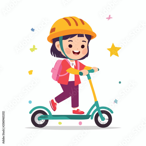 Child Riding a Scooter with Helmet and Backpack