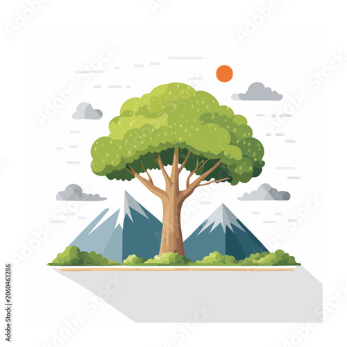 Flat design illustration of a tree with mountains and sun