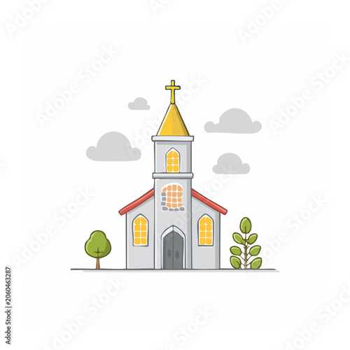 Flat Design Illustration of a Church with Tower and Cross