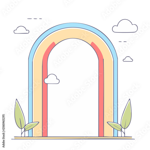 Flat design rainbow arch with clouds and grass