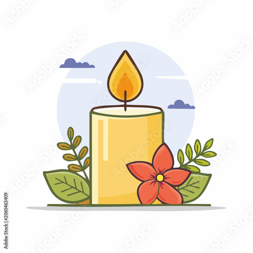 Lit Candle with Flower and Leaves