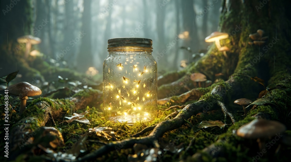 Naklejka premium Magical fireflies glowing inside glass jar placed on mossy forest floor surrounded by mushrooms and tree roots in soft morning sunlight for fantasy backgrounds.