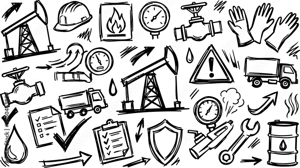 Fototapeta premium Oil Gas Industrial Safety Hand-Drawn Vector Icons