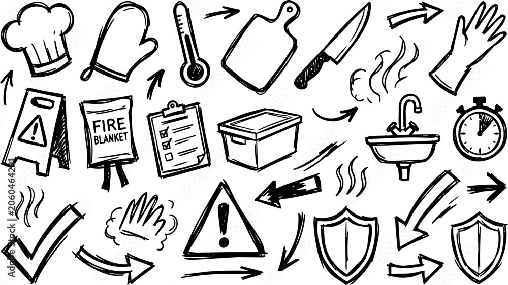 Fototapeta premium Hand Drawn Kitchen Safety and Cooking Doodle Icon Set