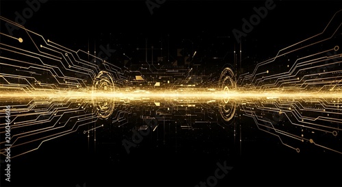 Abstract digital circuit board lines with glowing light beam isolated on transparent background