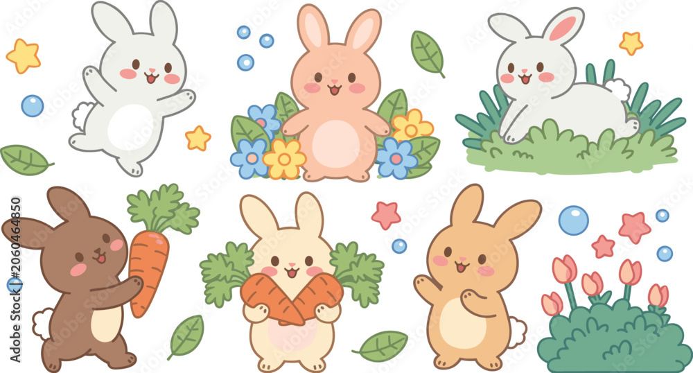 Obraz premium Cute Kawaii Cartoon Bunnies with Flowers and Carrots