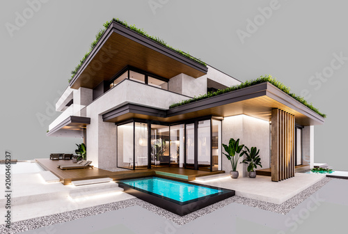3d rendering of two-story house with parking and pool for sale or rent with concrete facade and beautiful landscaping. In the evening. Isolated on gray