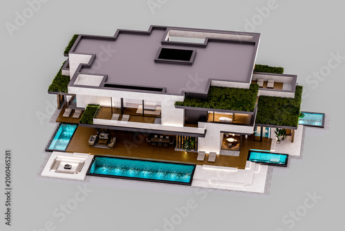 3d rendering of two-story house with parking and pool for sale or rent with concrete facade and beautiful landscaping. In the evening. Isolated on gray