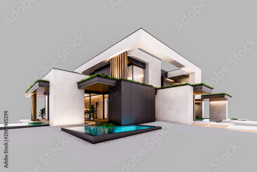 3d rendering of two-story house with parking and pool for sale or rent with concrete facade and beautiful landscaping. In the evening. Isolated on gray