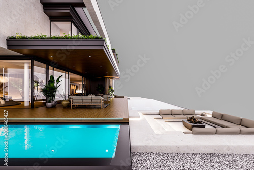 3d rendering of two-story house with parking and pool for sale or rent with concrete facade and beautiful landscaping. In the evening. Isolated on gray