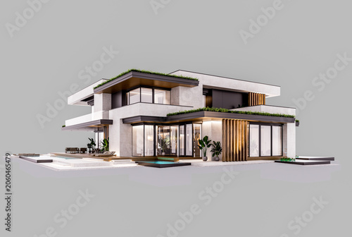 3d rendering of two-story house with parking and pool for sale or rent with concrete facade and beautiful landscaping. In the evening. Isolated on gray