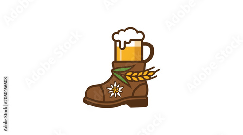 Minimalist flat design 2D icon of a cheerful Oktoberfest beer stein with Bavarian alpine elements like edelweiss flowers and pretzels set in a traditional German festival celebration theme f