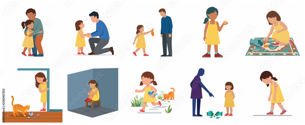 Fototapeta premium Little Girl Behavior and Emotions Set with Father, Parenting and Discipline Concept Illustration