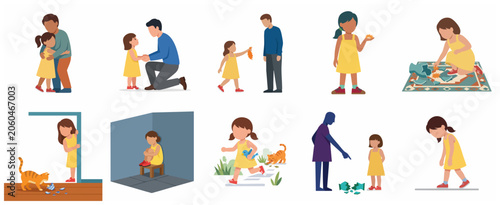 Foto Little Girl Behavior and Emotions Set with Father, Parenting and Discipline Conc