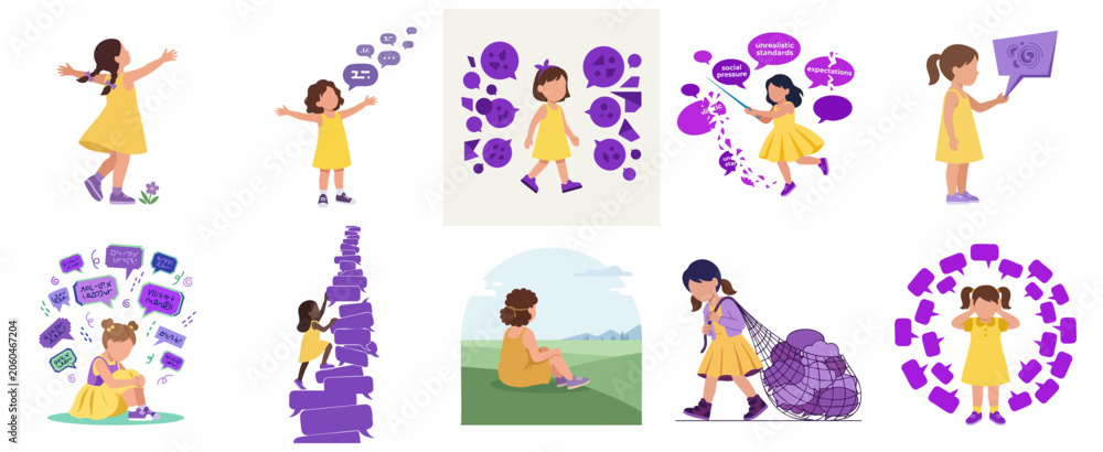 Fototapeta premium Childhood mental health and social pressure conceptual vector illustration set featuring a young girl dealing with anxiety, expectations, and emotional burdens.