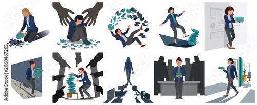 Set of illustrations depicting professional businesswoman burnout, stress, and workload pressure in office environment