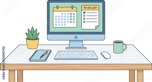 Computer monitor displays a calendar and to do list on a desk for efficient daily planning.