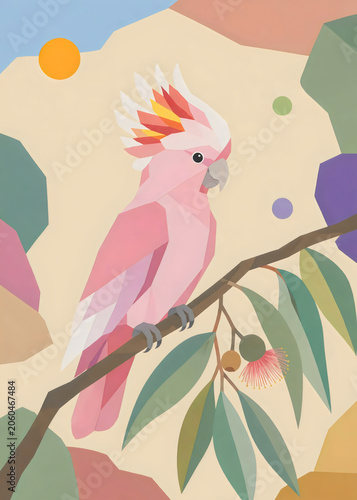 Stilisierte Illustration eines rosa Kakadus auf einem Ast mit Blättern und Blüten. Moderne Naturdarstellung mit geometrischen Formen, sanften Farben und exotischem Vogelmotiv.