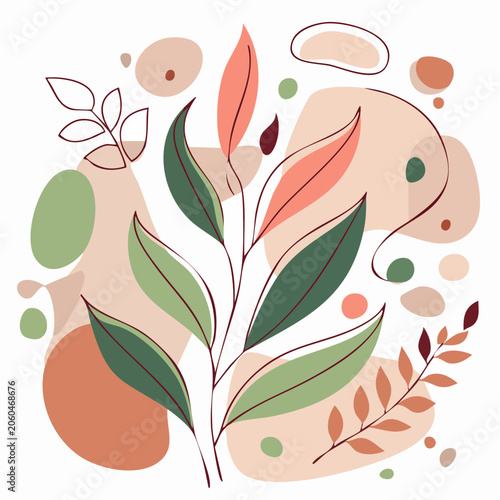 Abstract Botanical Illustration with Organic Shapes and Leaves