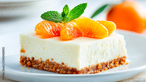 Homemade cheesecake with tangerine slices on a shortbread base, delicate creamy dessert, close-up.