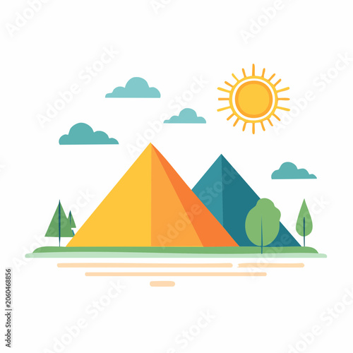 Flat Design Pyramids Landscape with Sun and Clouds