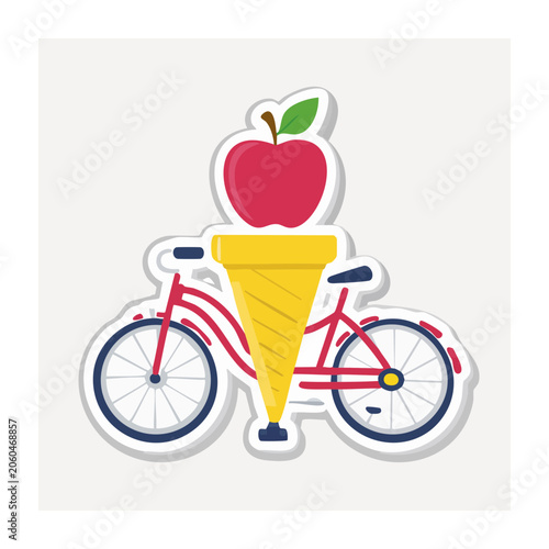 Flat design illustration of bicycle with ice cream and apple
