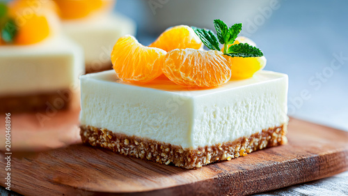 Homemade cheesecake with tangerine slices on a shortbread base, delicate creamy dessert, close-up.