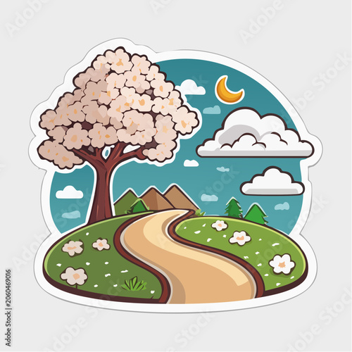 Spring landscape with blooming tree and winding road
