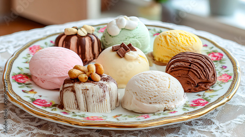 Assorted multi-colored ice cream on an elegant porcelain plate with a floral pattern