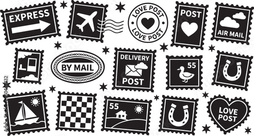 Fotografía Vector postage stamps and mail icons set with various symbols and graphics for p