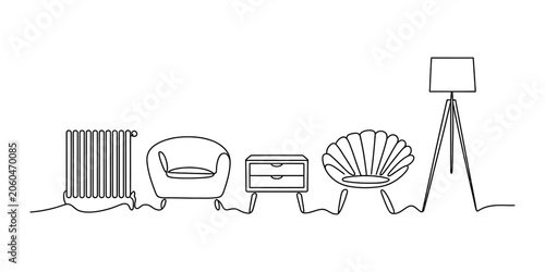 Tableau sur toile Minimalist continuous line drawing of home furniture including a radiator armcha