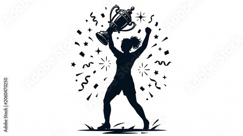Athletic Champion Celebrating Victory with Trophy and Confetti Celebration Silhouette Illustration