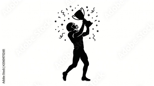 Silhouette of a Triumphant American Football Player Celebrating a Championship Victory with a Trophy and Confetti