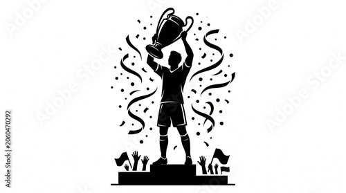 Silhouette of a triumphant soccer player lifting a championship trophy surrounded by celebratory confetti and cheering fans