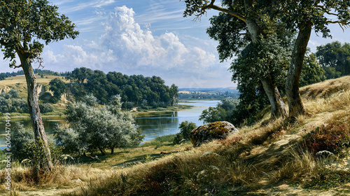 Countryside landscape with mountains and river, natural background with copy space