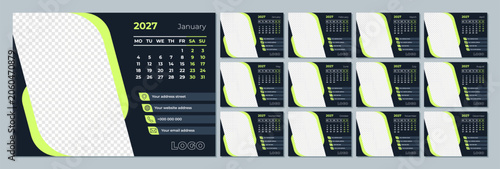 2027 Calendar Template with Photo Space. Minimalist Corporate Business Planner. Monday Start Monthly A4 Landscape Pages Set. Vector Illustration