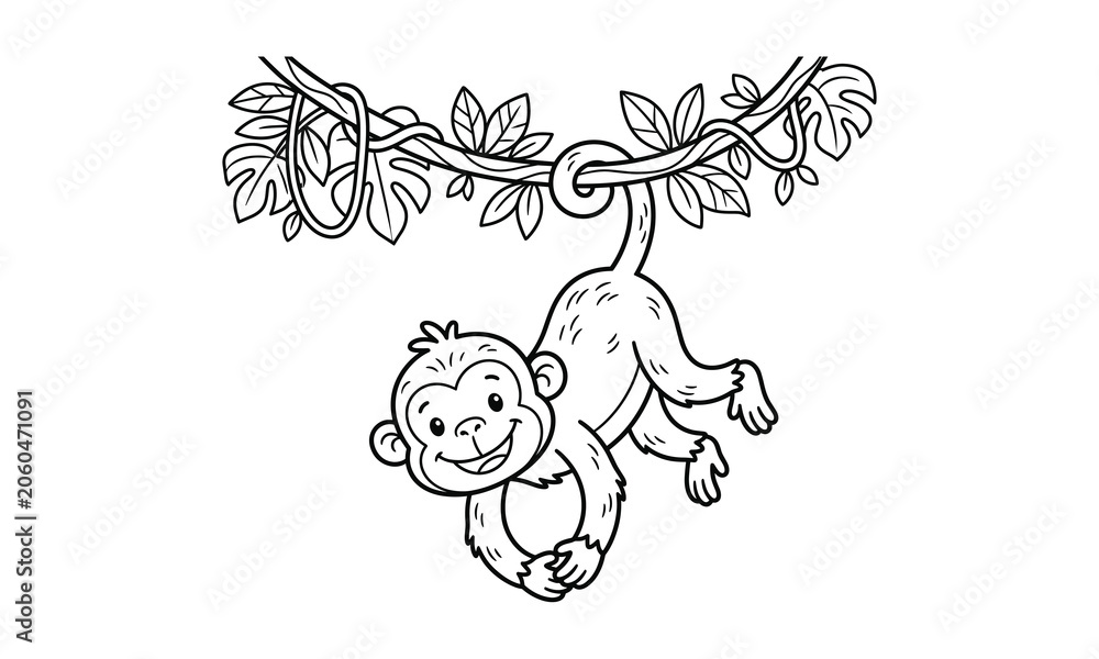 Fototapeta premium Cute, happy cartoon monkey hanging upside down from a jungle vine, black and white outline coloring page illustration for kids