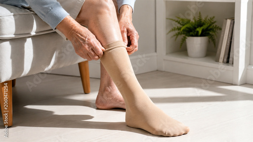 senior woman putting on compression stocking for leg health. Elderly patient wearing medical hosiery for varicose vein treatment and blood circulation support. Therapy for swollen legs