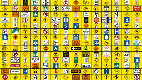 Bild auf Leinwand Grid layout of many United States road signs and traffic signals for driving sch