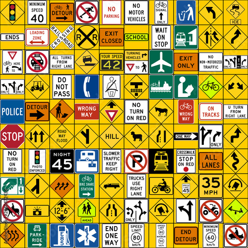 Grid pattern of various American road and traffic signs for driver education and licensing