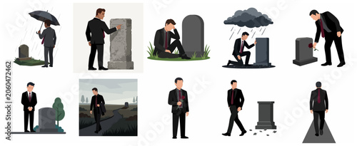 Quadro su tela Sad man in black suit mourning at a gravestone, funeral and grief illustration s