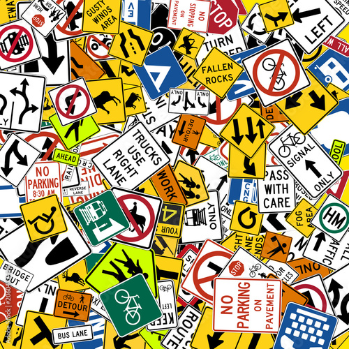 Collage of various US traffic signs and American road warning symbols background