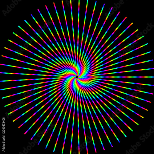 Vibrant rainbow colored spiral and radial spoke pattern on black background